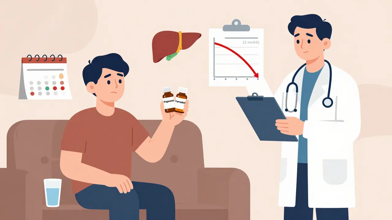 Patient comparing beta-blocker medications with a doctor and pressure graph in background.