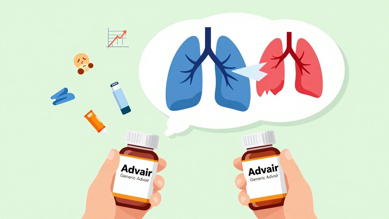 Patient holding generic and brand inhaler bottles with a thought bubble showing uneven lung function.