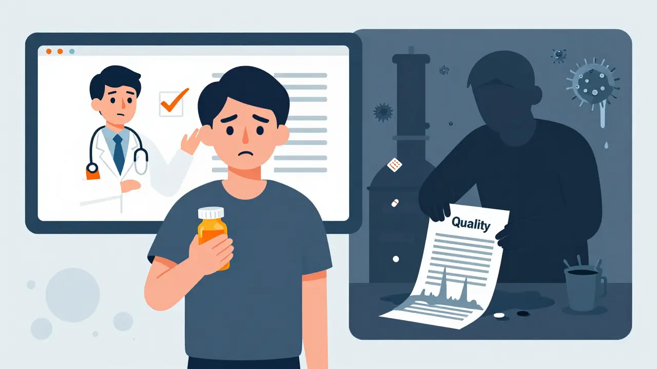 Patient holding pill bottle beside split scene of doctor prescribing and factory destroying quality records.