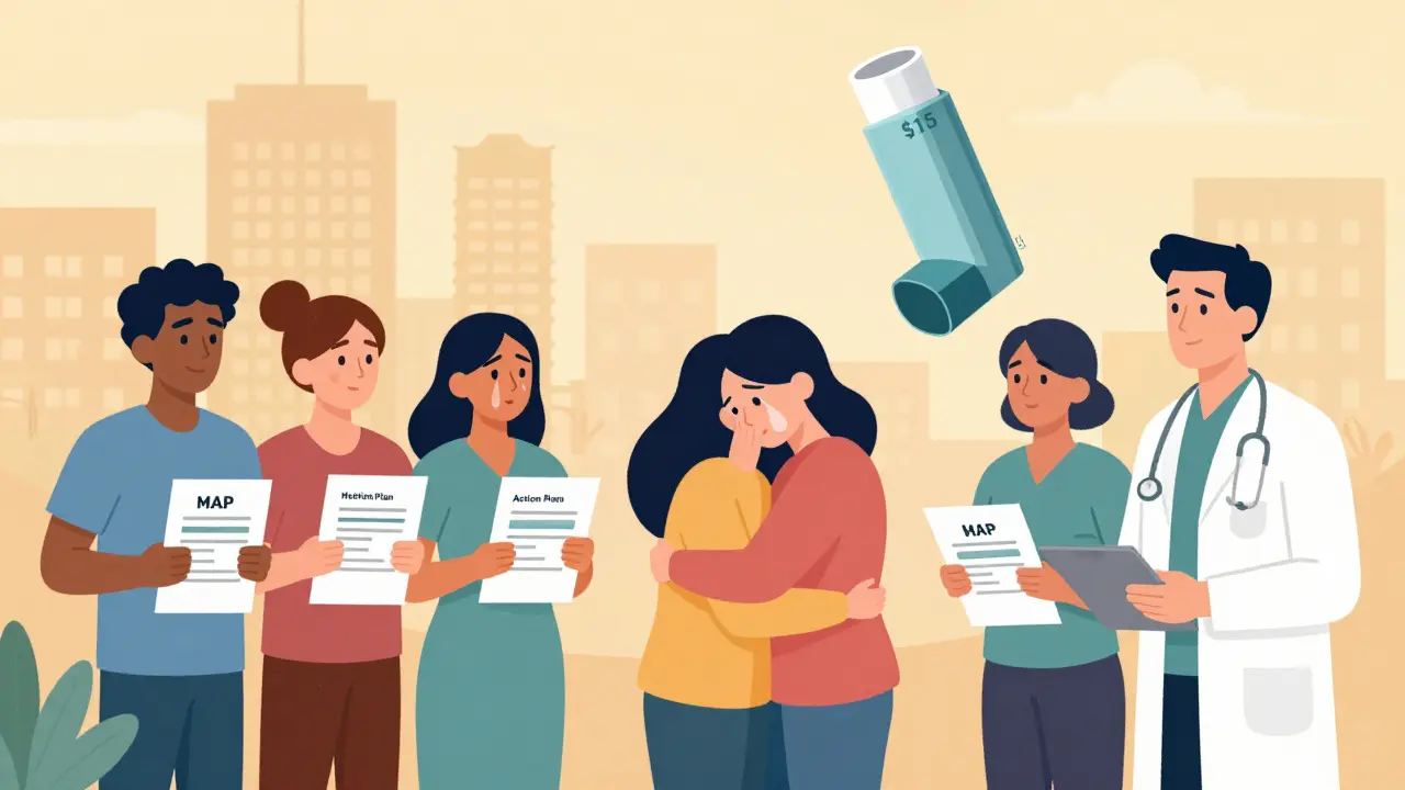 Patient hugging pharmacist as a large generic inhaler replaces an expensive brand-name version.