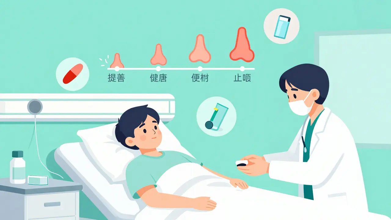 Patient receiving aspirin desensitization treatment with visual timeline of improved breathing and reduced polyps.