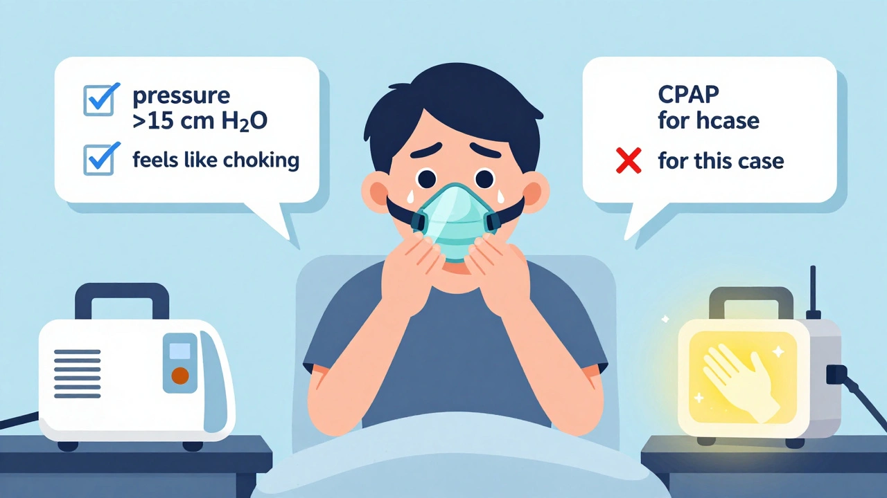 Patient struggling with high-pressure CPAP versus relieved use of BiPAP with visual pressure adjustments.