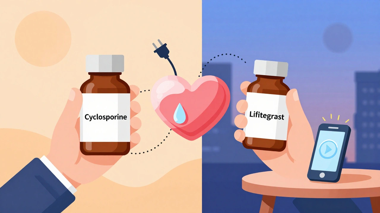 Person holding dry eye medications with a plug between them, connected to a tear reservoir and phone reminder.