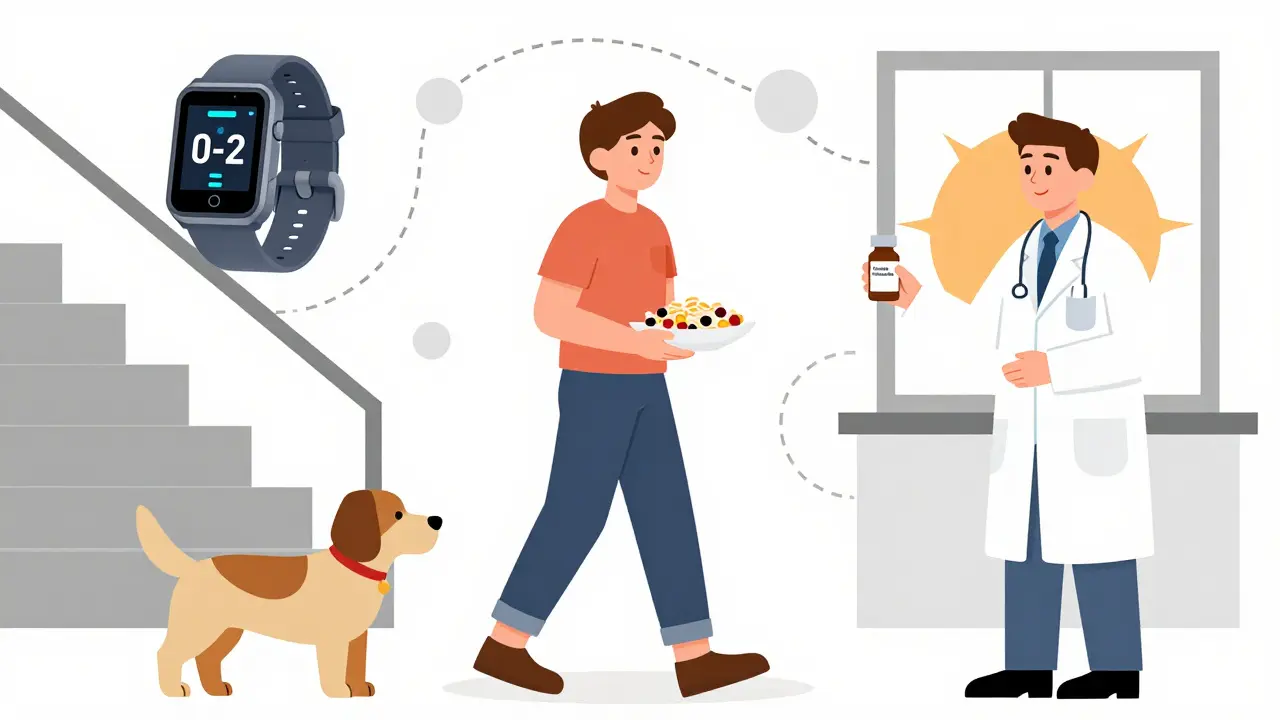 Person walking with dog, eating healthy food, receiving medication and lifestyle tips from doctor.