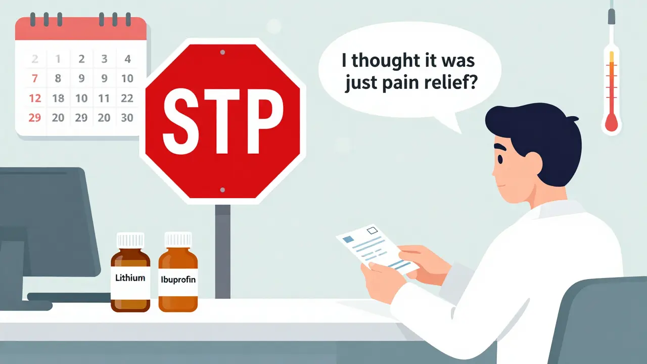 Pharmacist and patient at counter with lithium and ibuprofen bottles separated by a red stop sign.