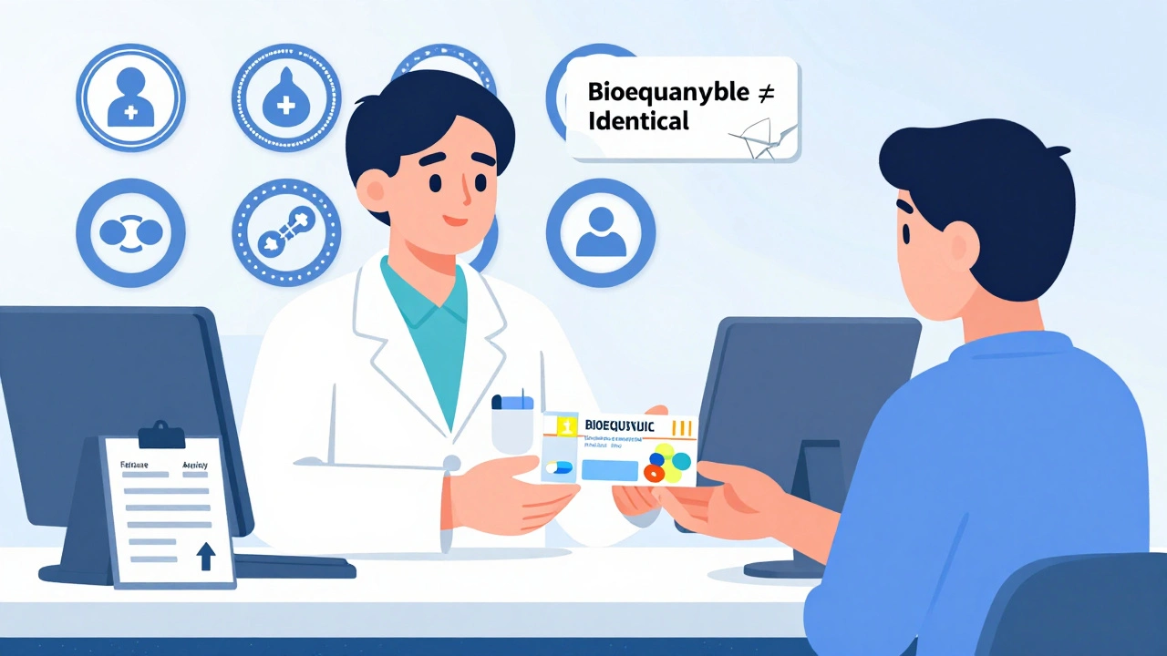 Pharmacist handing a prescription with transparent pill cross-section revealing ingredient differences.