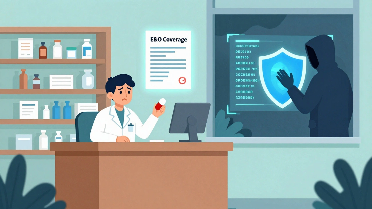 Pharmacist holding counterfeit pill, insurance policy floating above desk as hacker tries to forge codes.