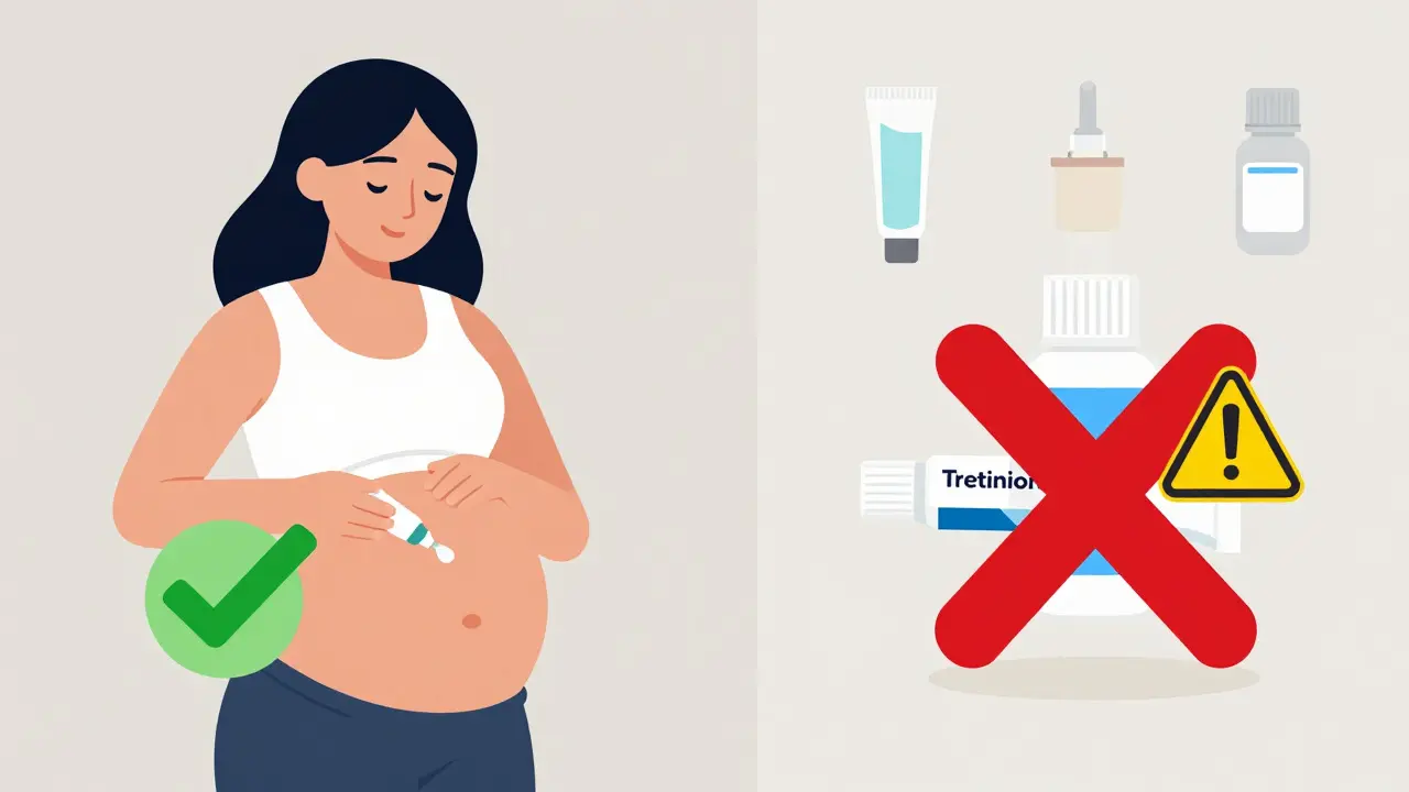 Safe vs unsafe topical creams during pregnancy shown with checkmarks and red X icons.