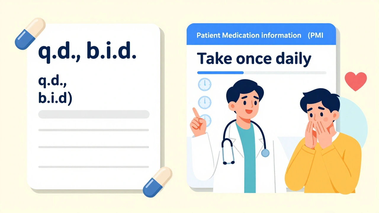 Side-by-side comparison of old confusing prescription label and new clear patient-friendly label with pharmacist helping.