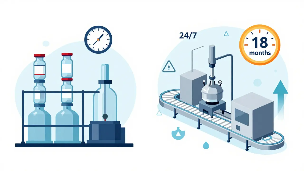 Side-by-side comparison of outdated batch manufacturing versus modern continuous manufacturing with reduced waste and faster production.