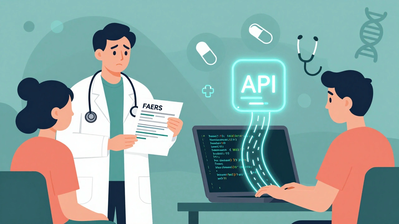 Split scene showing a doctor sharing FAERS data with a patient and a developer using the OpenFDA API.