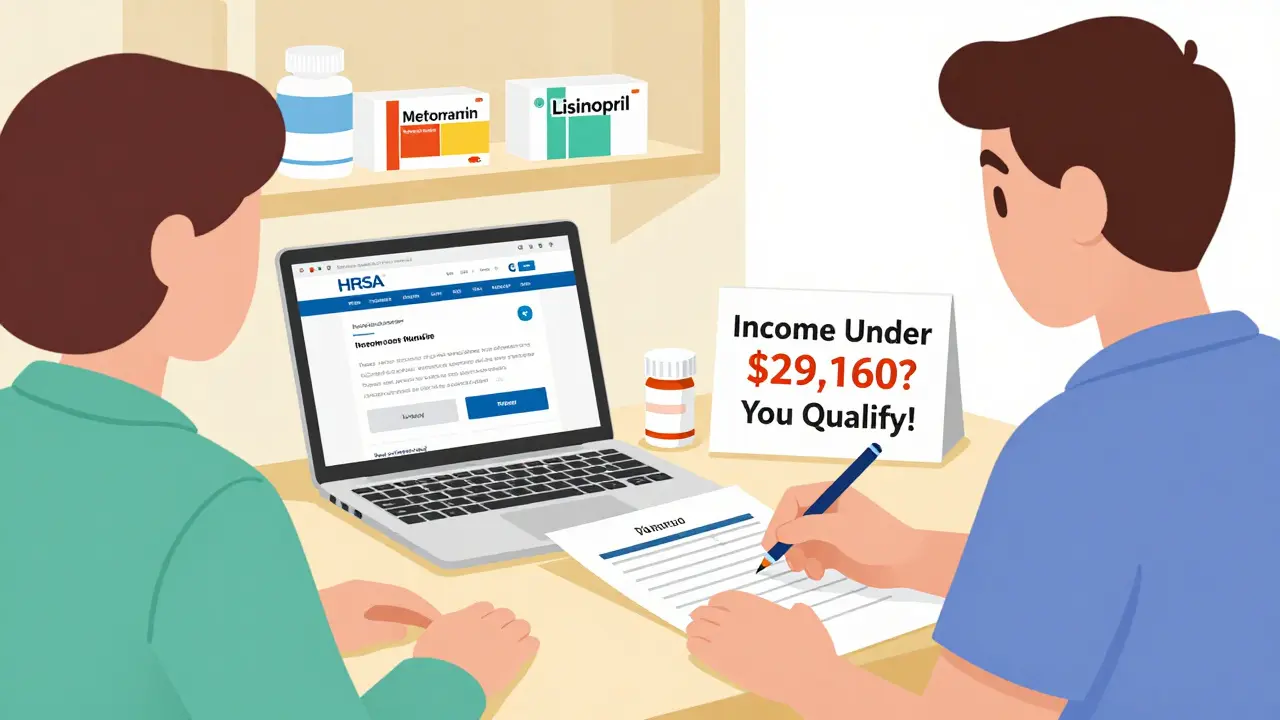 Volunteer helping a patient apply for free prescription assistance.