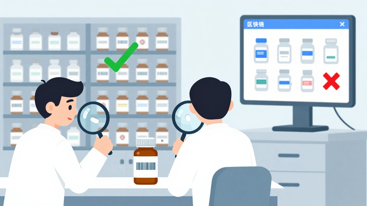 Warehouse workers inspecting pill bottles with magnifying glasses, digital screen showing blockchain verification.