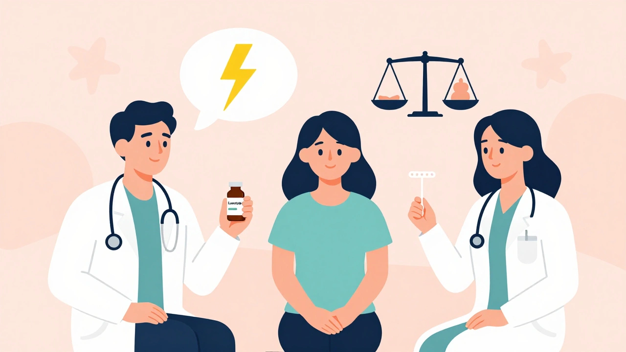 Woman between neurologist and gynecologist, with thought bubble showing seizure and pregnancy risks.