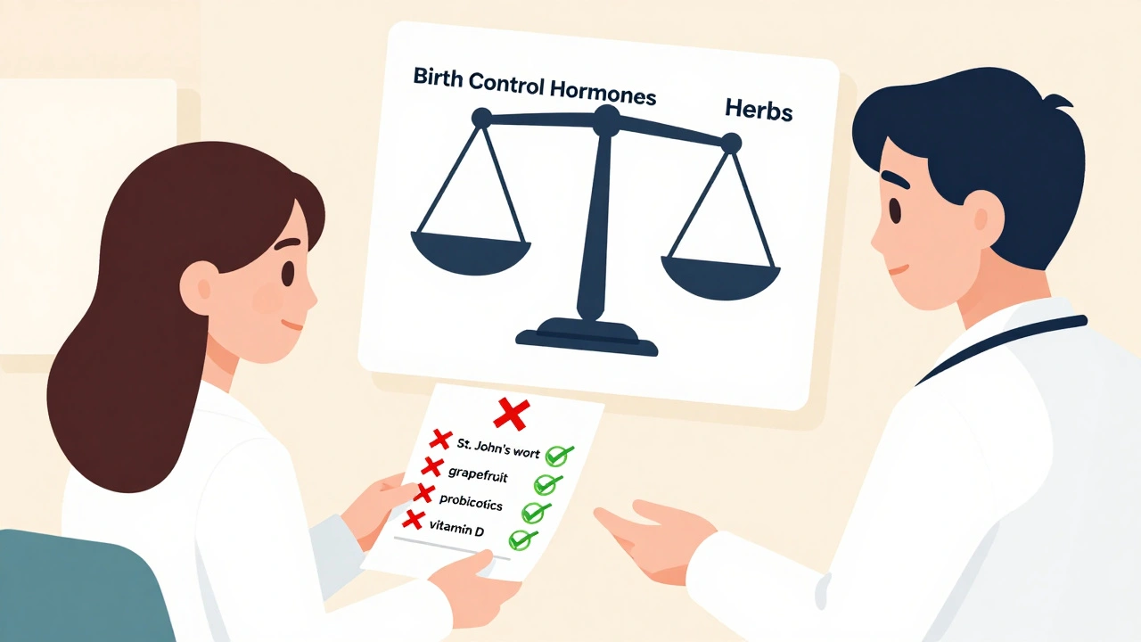 Woman giving supplement list to doctor, with red X’s on risky herbs and green checks on safe vitamins.