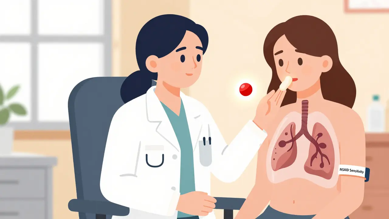 Woman in doctor's office holding medical bracelet, with transparent view of constricted airways and safe acetaminophen pill.