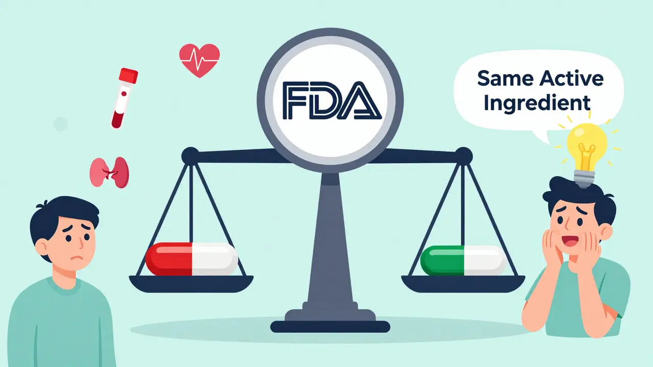 A balanced scale with brand and generic pills, certified by FDA, in flat illustration style.