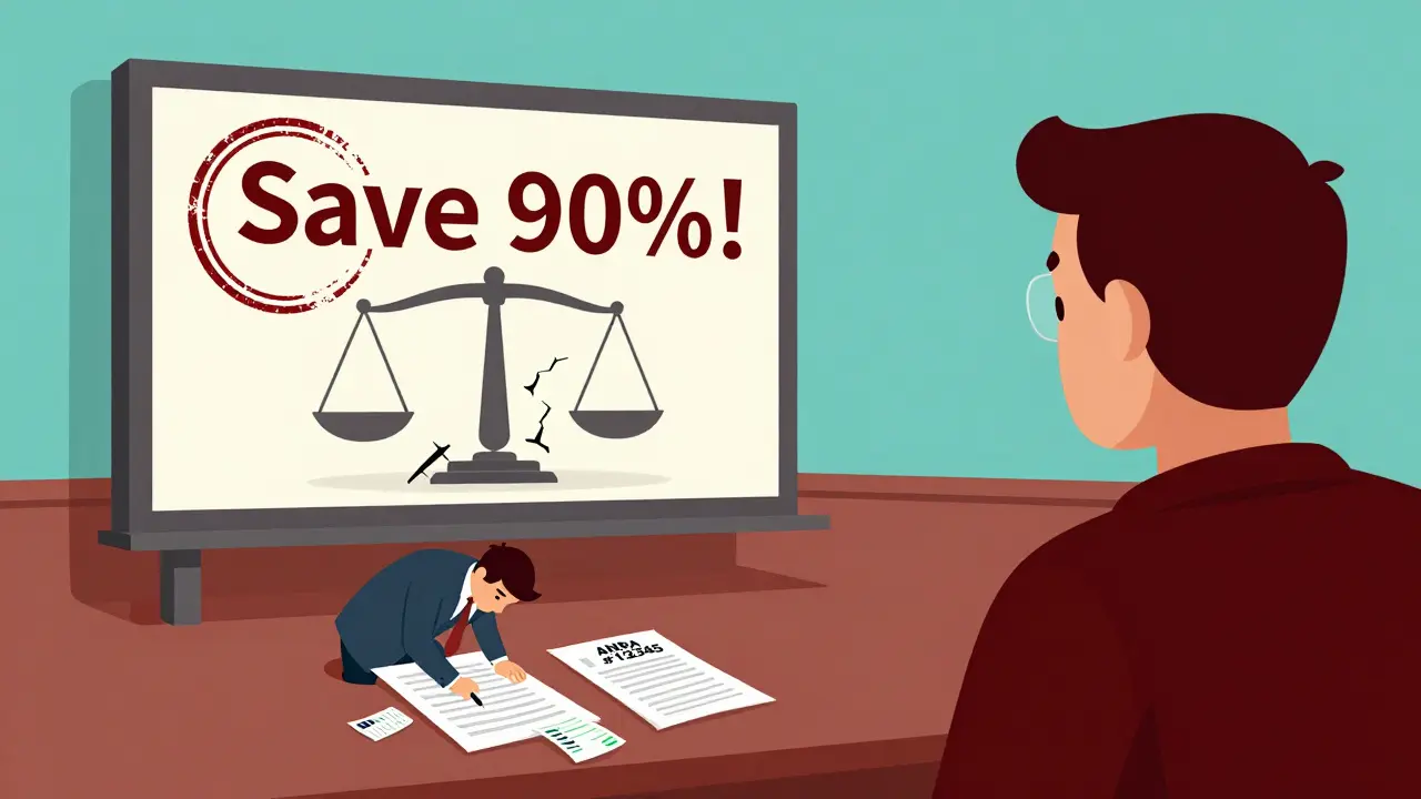 A giant FDA stamp crushing a false cost-saving ad in court, with documents and scales of justice.