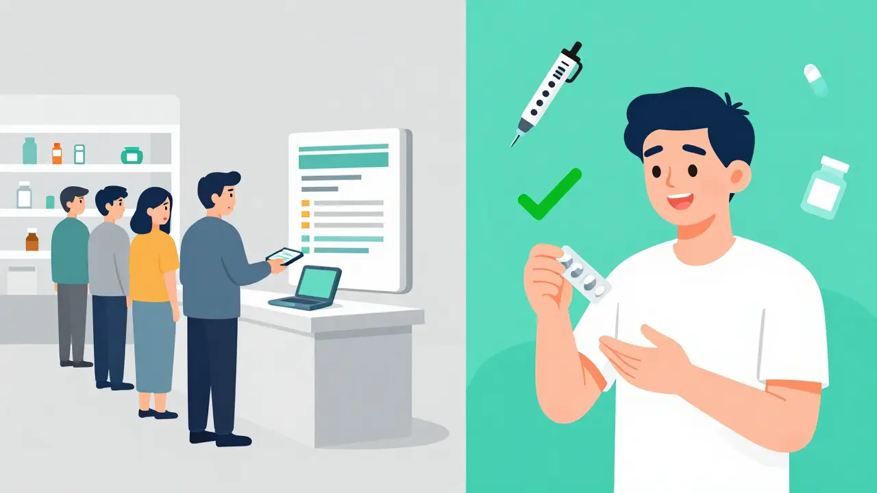 A patient transitioning from paying high drug prices to affordable generics in a split-panel scene.