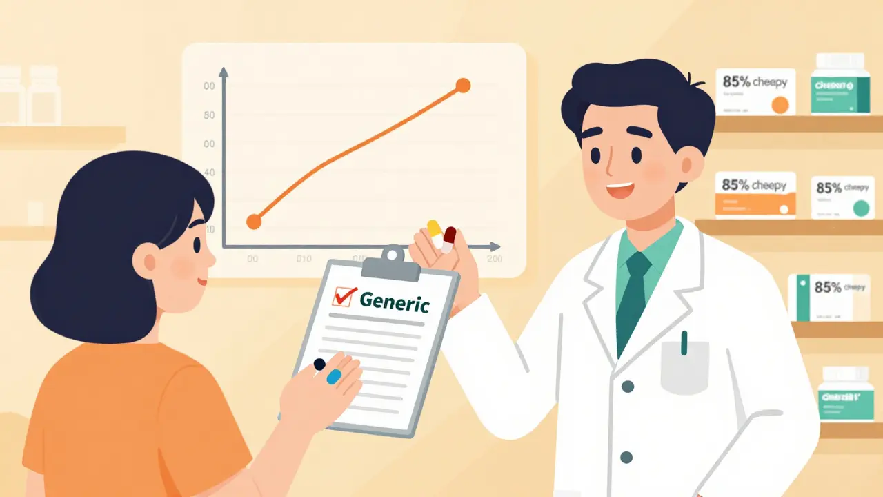 A pharmacist explains generics to a patient with a graph showing equal drug absorption.