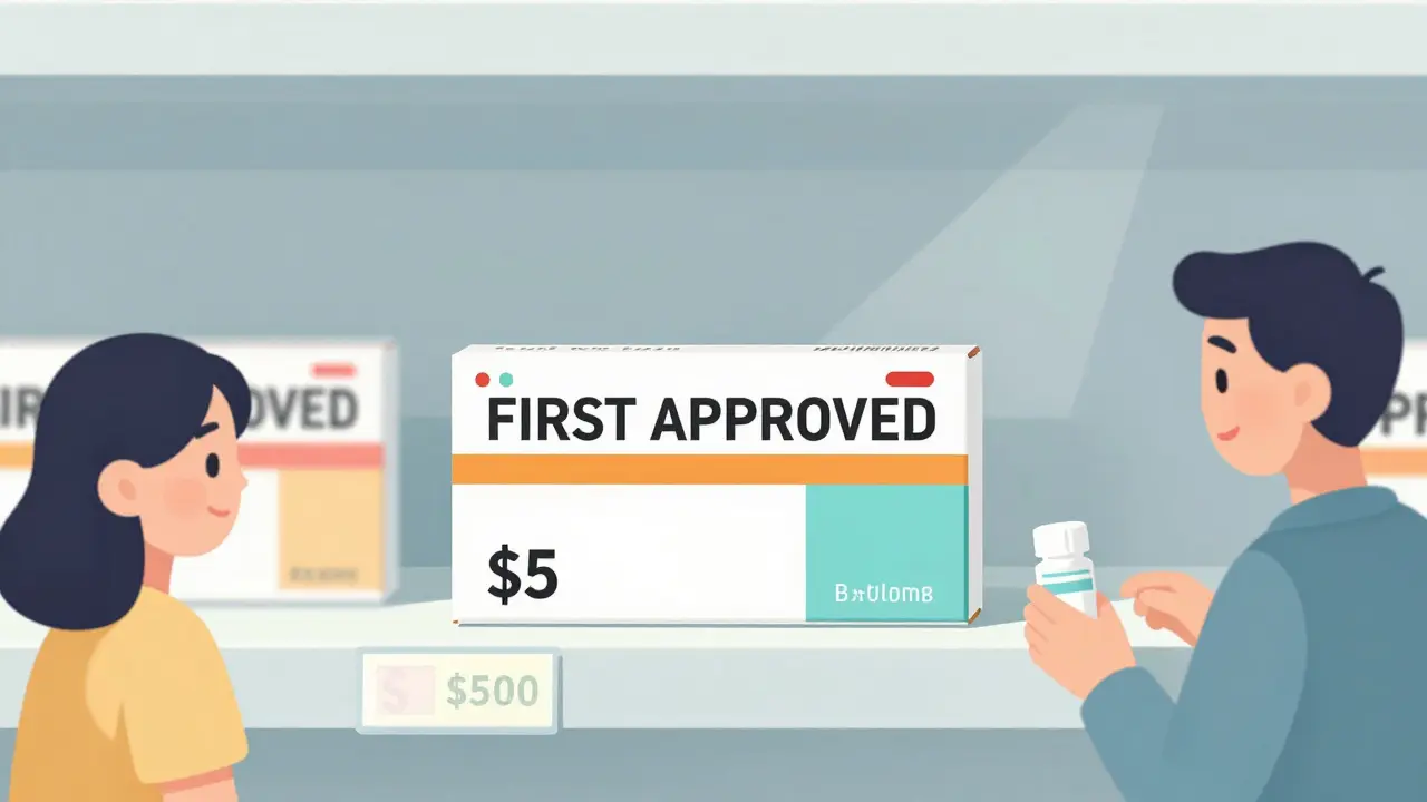 A pharmacy shelf with one first-generic drug box highlighted at , while other generics wait behind it.