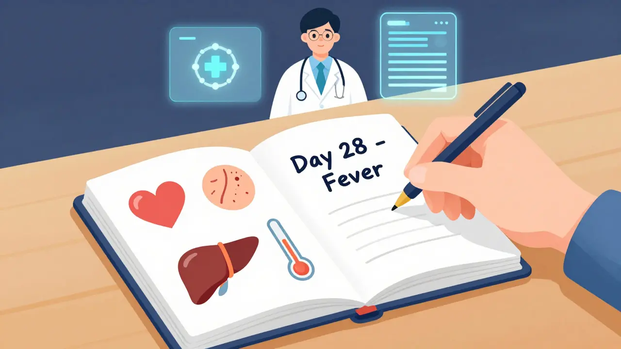 An open journal tracking medication symptoms with icons and a doctor-AI background in flat design.