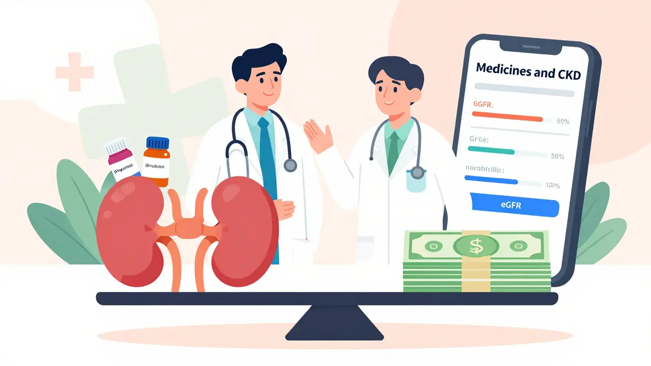 Balance scale showing kidney health versus medication cost, with doctor and patient discussing treatment using a health app.