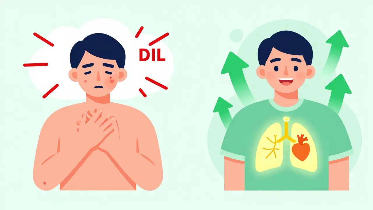 Before and after illustration of recovery from drug-induced lupus with green arrows.