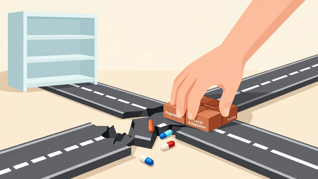 Broken supply chain road being rebuilt with policy bricks to ensure medicine access in clinics.