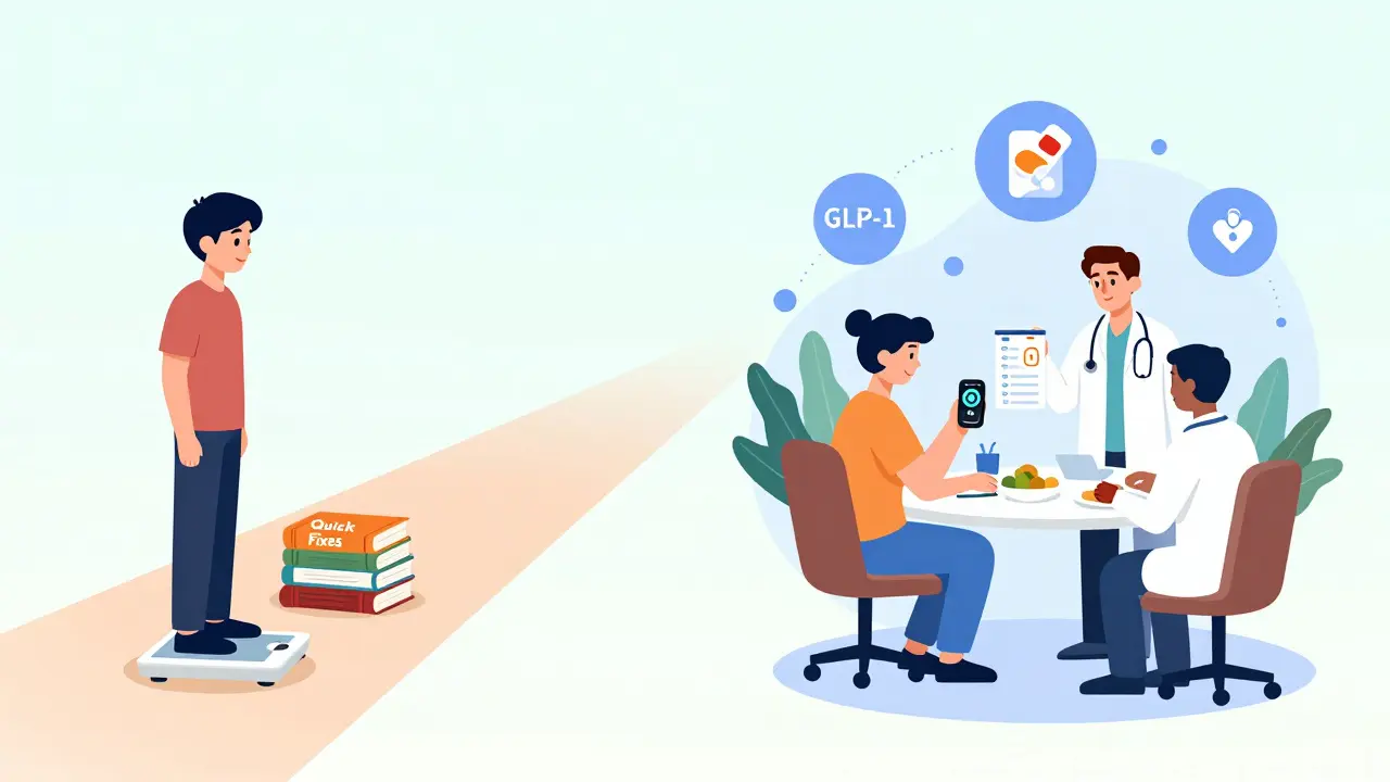 Contrast between failed diets and science-based weight management with health tracking tools.