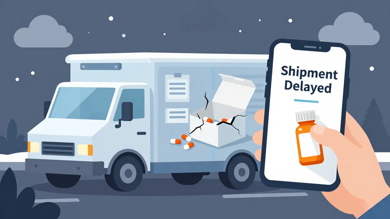 Damaged mail-order package with spilled pills and a small backup bottle nearby during a storm.