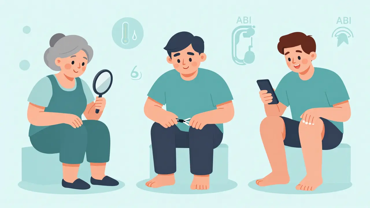 Diverse individuals practicing daily foot care with tools and technology.