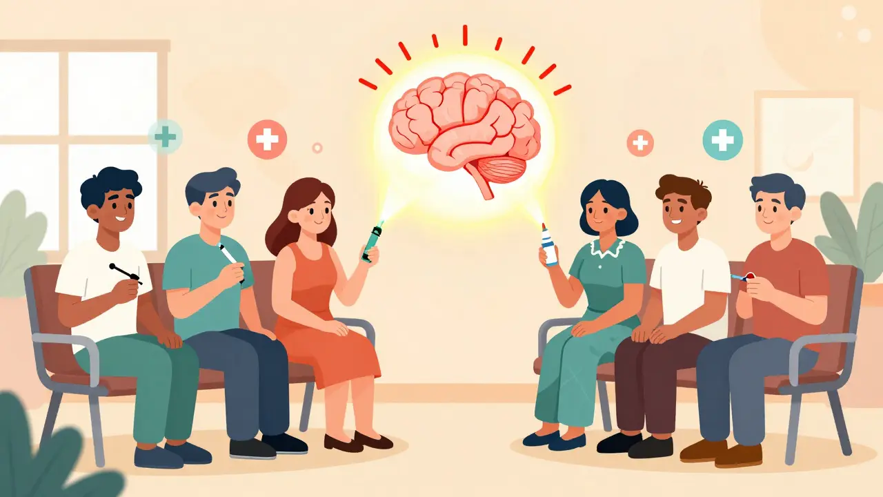 Diverse patients holding different CGRP treatments, connected to a brain silencing migraine signals.