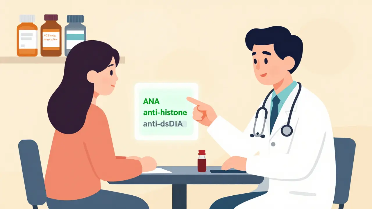 Doctor and patient reviewing blood test results showing antibody differences.
