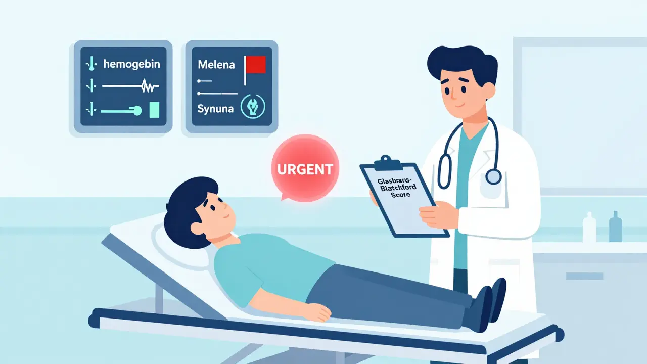 Doctor assessing patient in ER using Glasgow-Blatchford Score checklist with vital signs displayed.