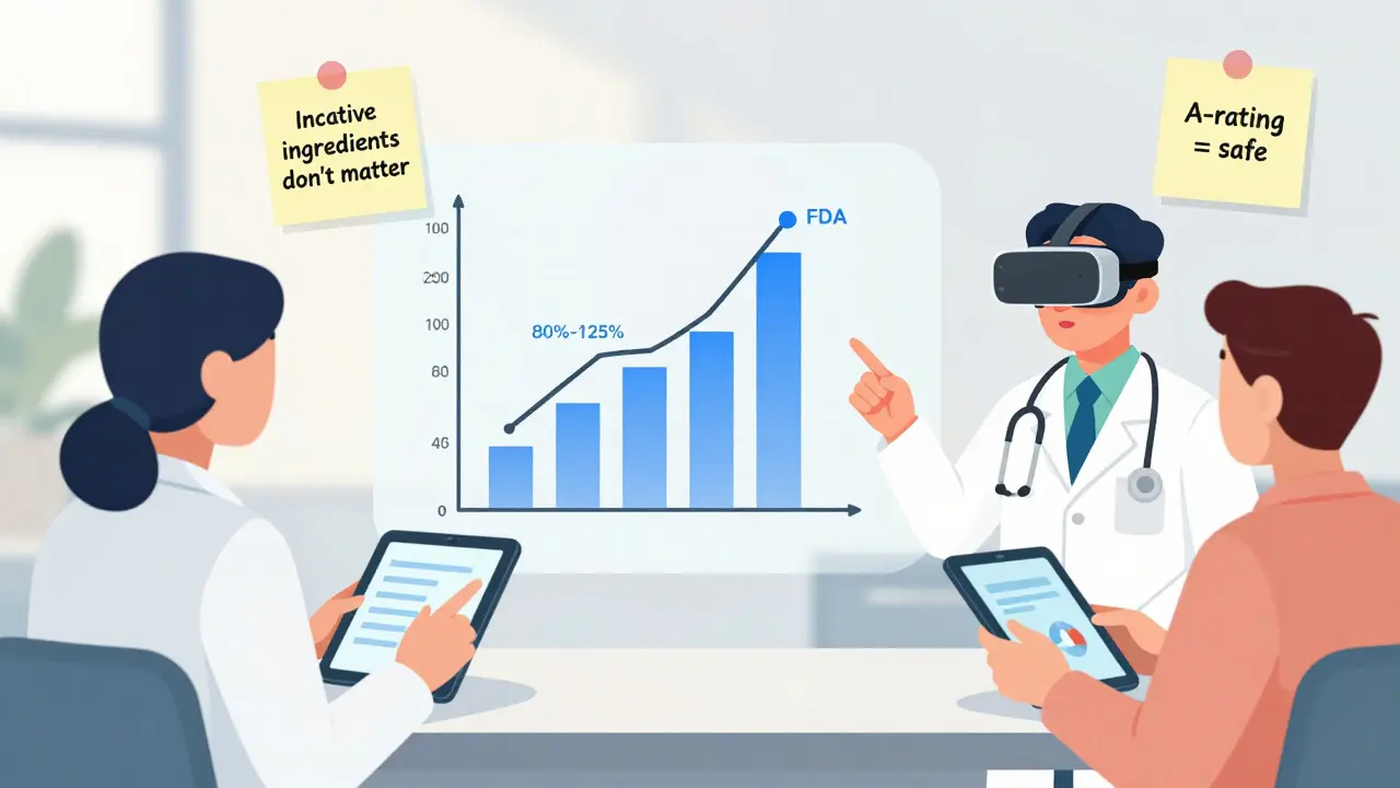 Doctors learn about bioequivalence using interactive FDA graph and VR simulation in a modern classroom.