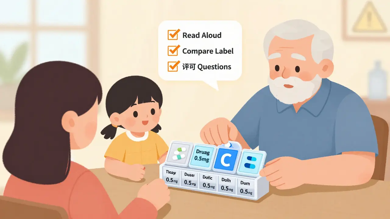 Family organizing medications in labeled pill organizer with large print for an elderly relative.