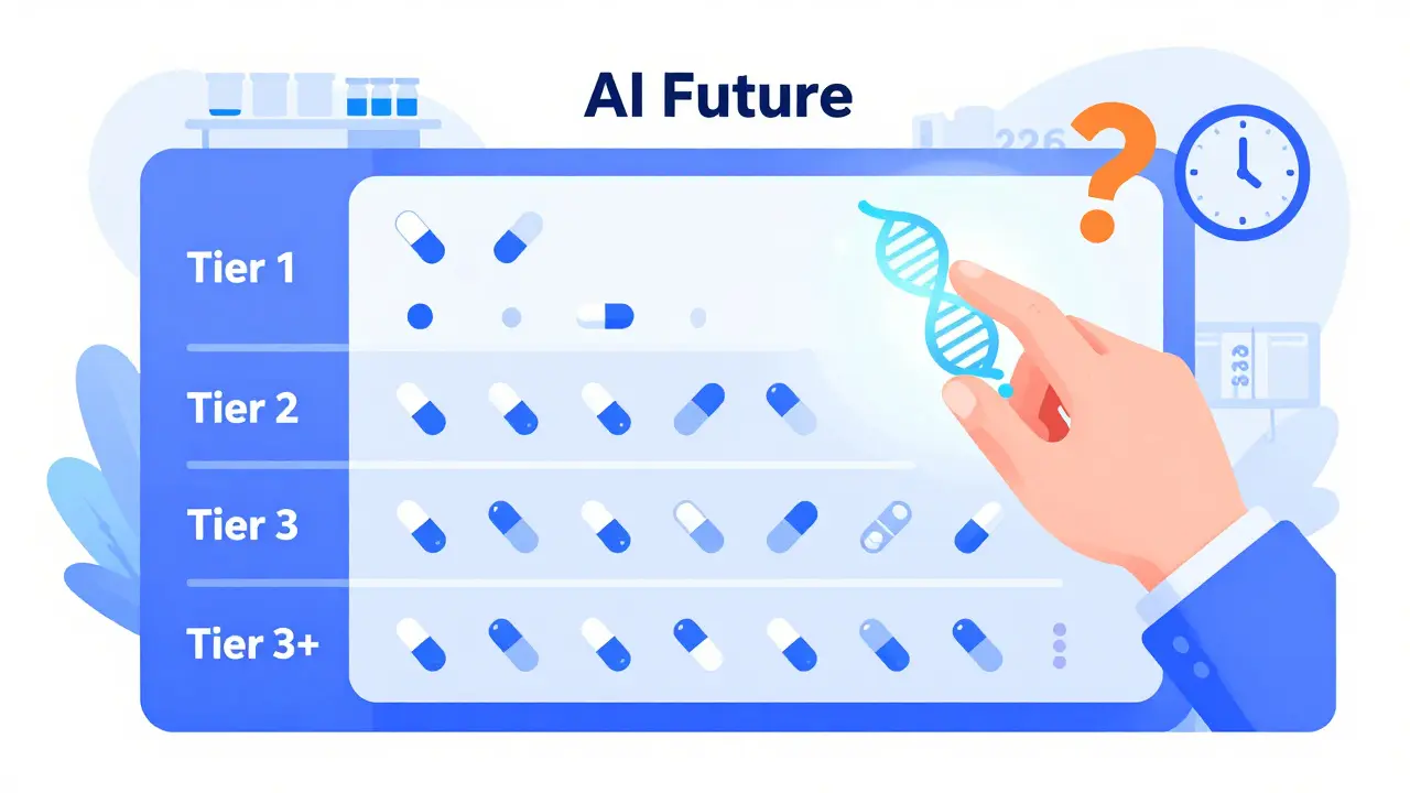Formulary tiers with pills and prices, AI and drug shortage icons, pointing to 2026 changes.
