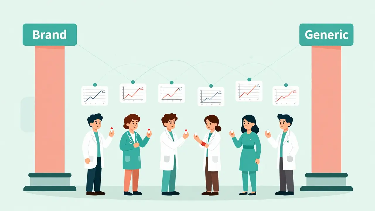 Healthy volunteers in a lab having blood drawn during bioequivalence testing