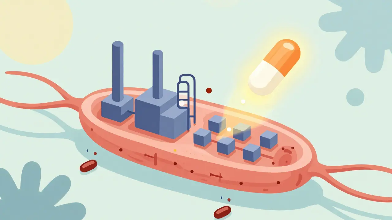 Muscle cell with statins blocking CoQ10 production, while a ubiquinol capsule repairs the energy factory.