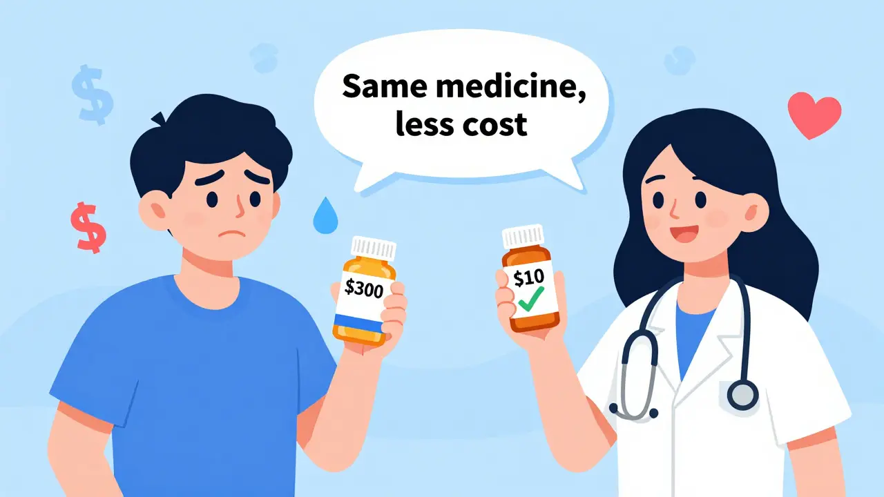 Patient compares expensive brand-name pill to affordable generic, with doctor’s reassuring words in speech bubble.