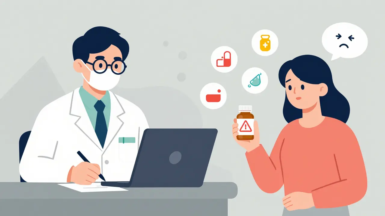 Patient confused by different generic pills, with icons showing inactive ingredients causing side effects.