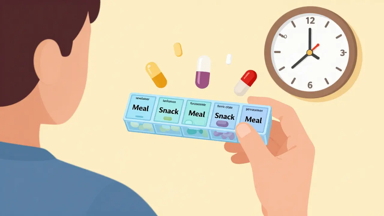Patient with pill organizer showing five daily doses of kidney medications timed to avoid nighttime bathroom trips.