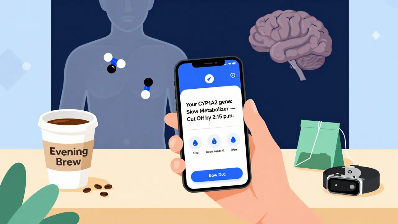 Person using a sleep app that recommends a personalized caffeine cutoff based on genetic metabolism.