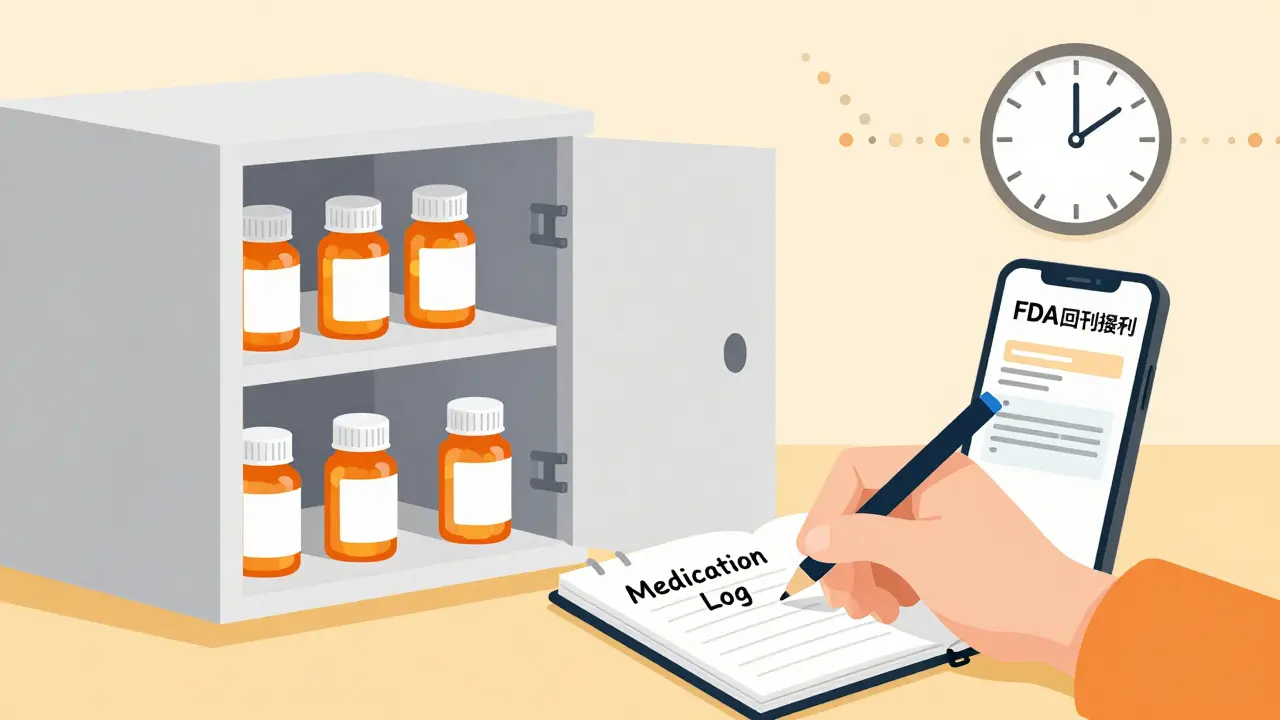 Person writing in medication log notebook beside organized pill bottles and FDA alert on phone