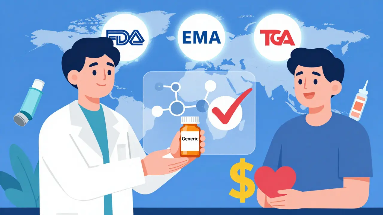 Pharmacist giving generic medication to patient with global regulatory symbols