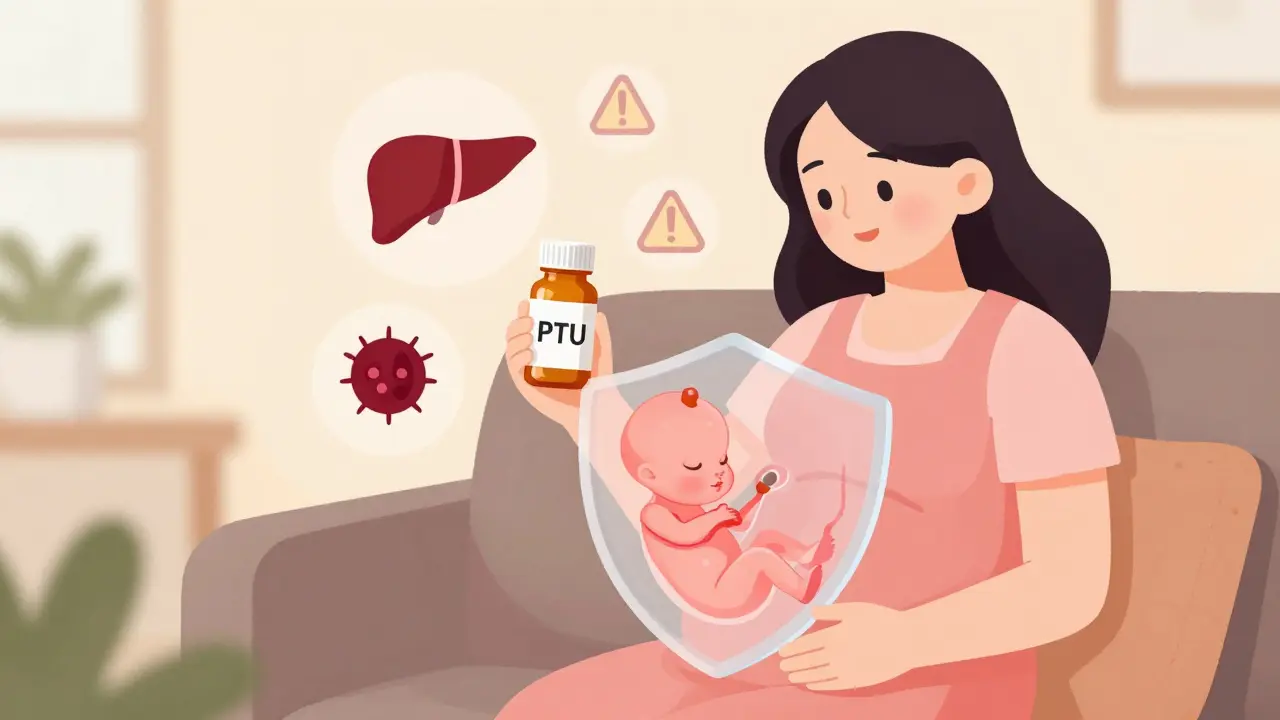 Pregnant woman taking PTU with protective shield over fetus and medical warning icons nearby.