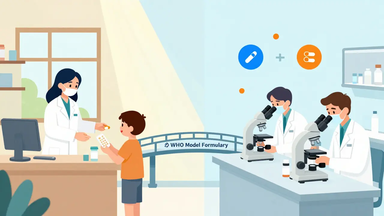 Rural clinic and hospital lab connected by WHO Formulary, showing child-friendly medicine and biosimilar testing.