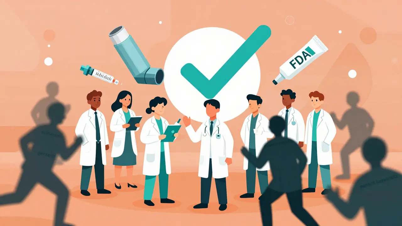 Scientists copy complex drug formats like inhalers and creams, with FDA approval above and obstacles blocking the way.