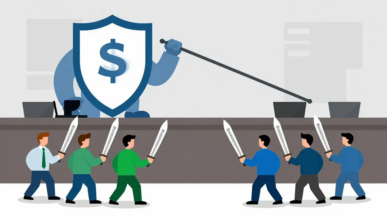 Small generic drug makers challenging a big pharma company with a patent shield in a symbolic courtroom.